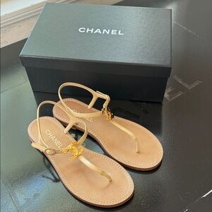 Authentic CHANEL Gold T-Strap Leather Sandals with CC Charm